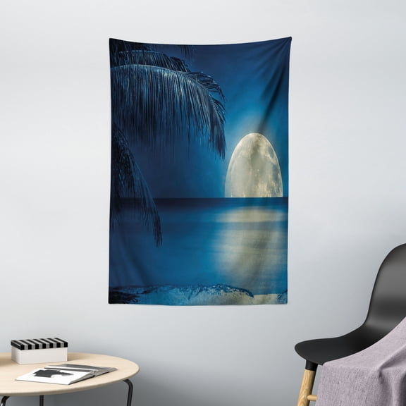 Moon Tapestry, Beautiful Full Moon Reflected on the Calm Water of a Tropical Beach Blue Toned Image, Wall Hanging for Bedroom Living Room Dorm Decor, 40W X 60L Inches, Blue White, by Ambesonne