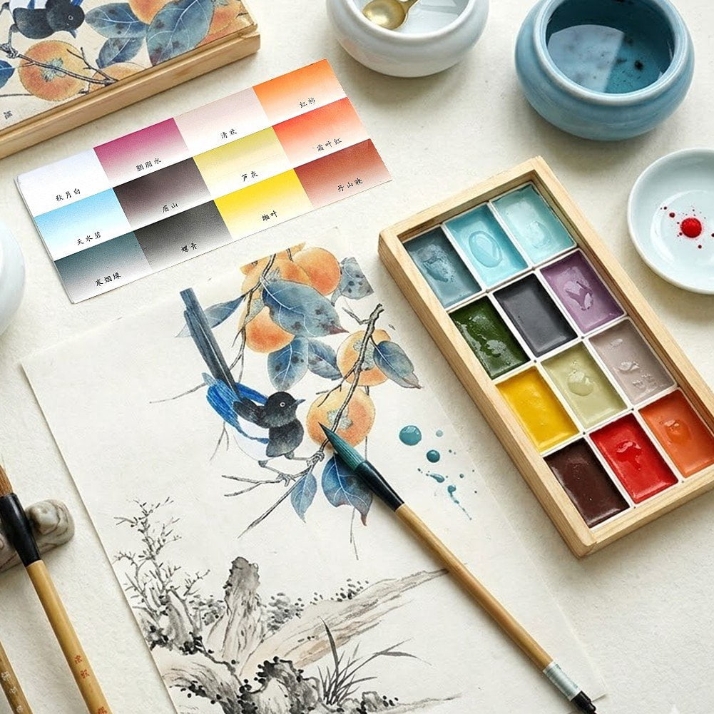 Slccxzc Traditional Chinese Watercolor Paint Set, 12 Vibrant Solid Colors Travel Art Kit