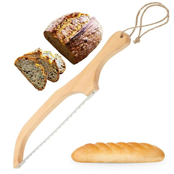 Bxaolu Bread Slicer for Homemade Bread, 15" Wooden Sourdough Bread knife with Bow Design, Premium Stainless Steel Serrated Saw Bread cutter for Bagels, Baguettes and More