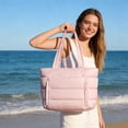 thumbnail image 2 of Puffer Tote Bag for Women, Large Capacity Lightweight Quilted Shoulder Bag, Waterproof Handbag for Work, Travel, Gym, Pink, 2 of 8