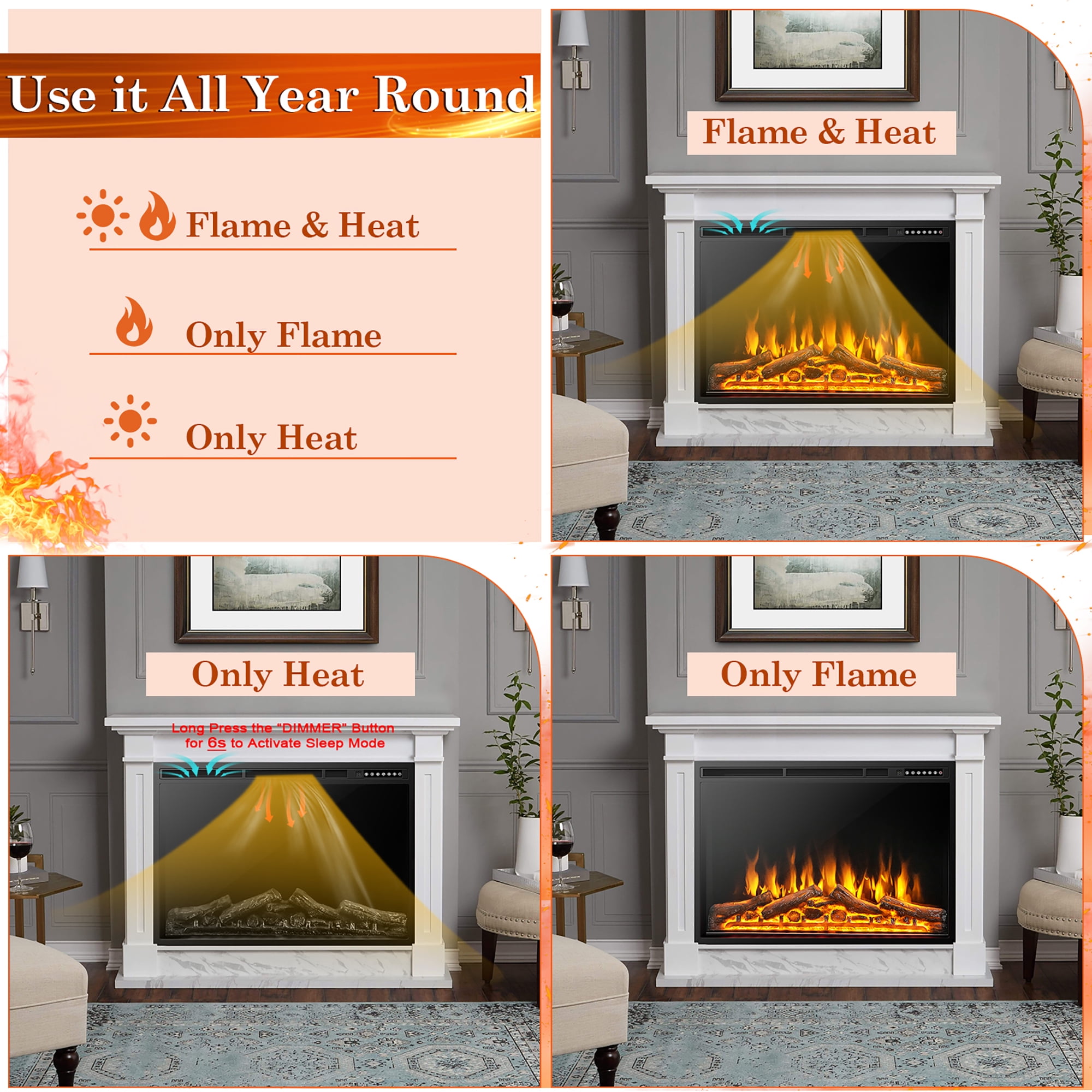 Costway 34''Electric Fireplace Insert Heater Log Flame Effect w/ Remote  Control 1500W - Walmart.com
