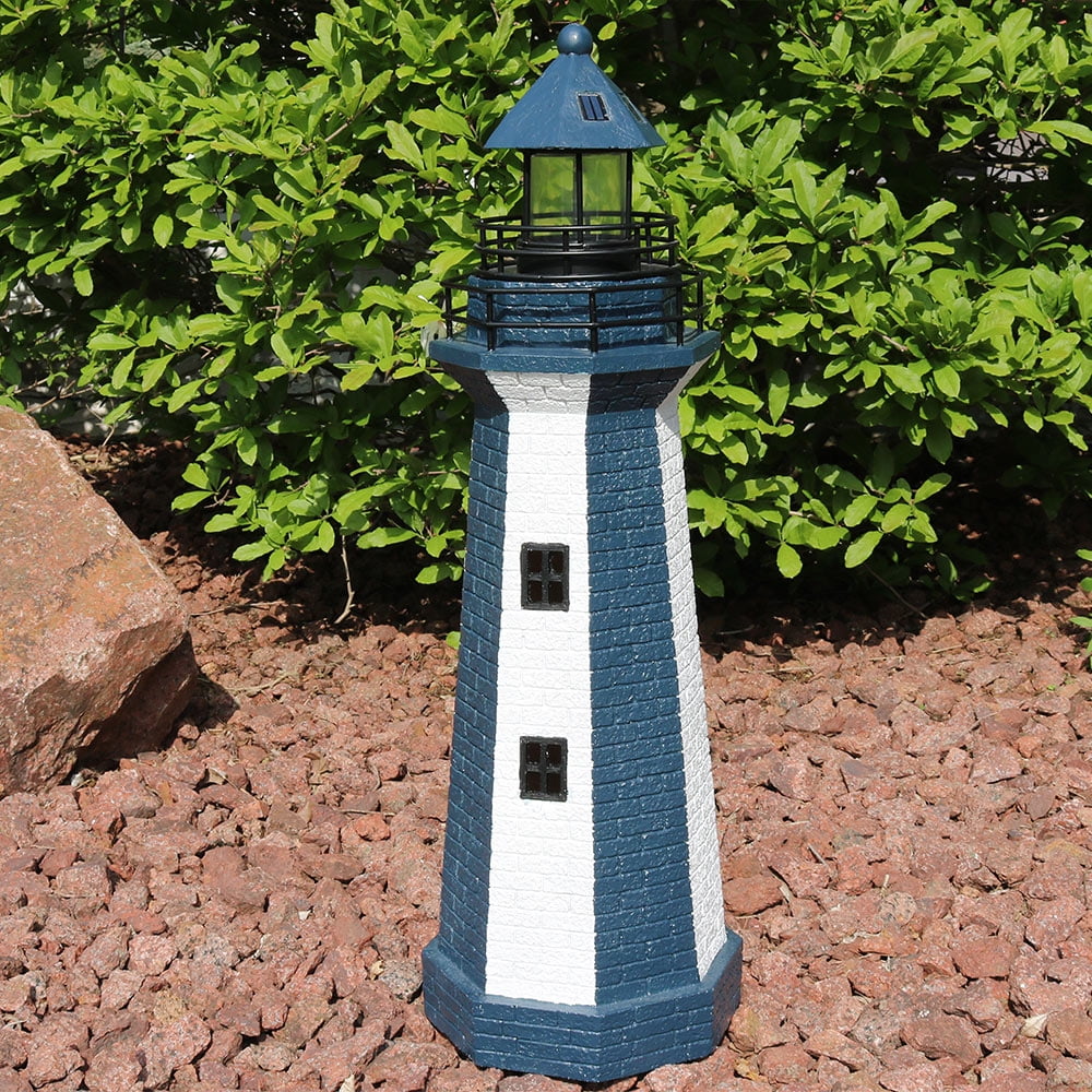 Sunnydaze Solar LED Garden Lighthouse, Outdoor Yard Decoration, 36 Inch Tall, Blue Stripe