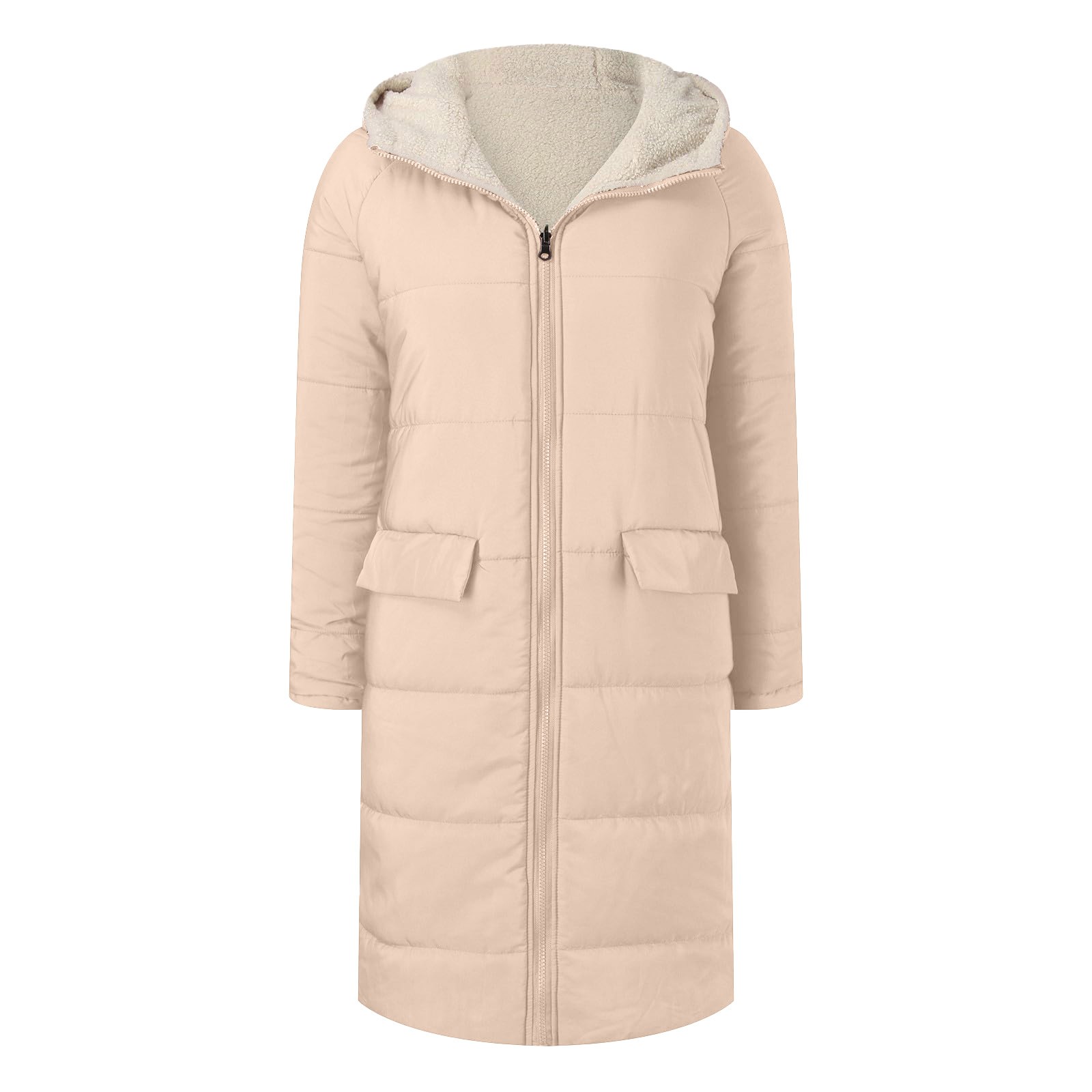 Fleece Jacket Women Long Puffer Coat Women Oversized Reversible Jackets Shearling Hooded Winter Fashion Coat Clothes Beige M
