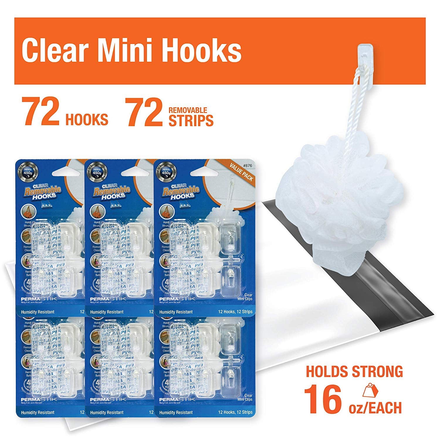 PermaStik Mini Removable Adhesive Utility Hooks, Holds 1 Pound Each, 72 Count, Clear Walmart