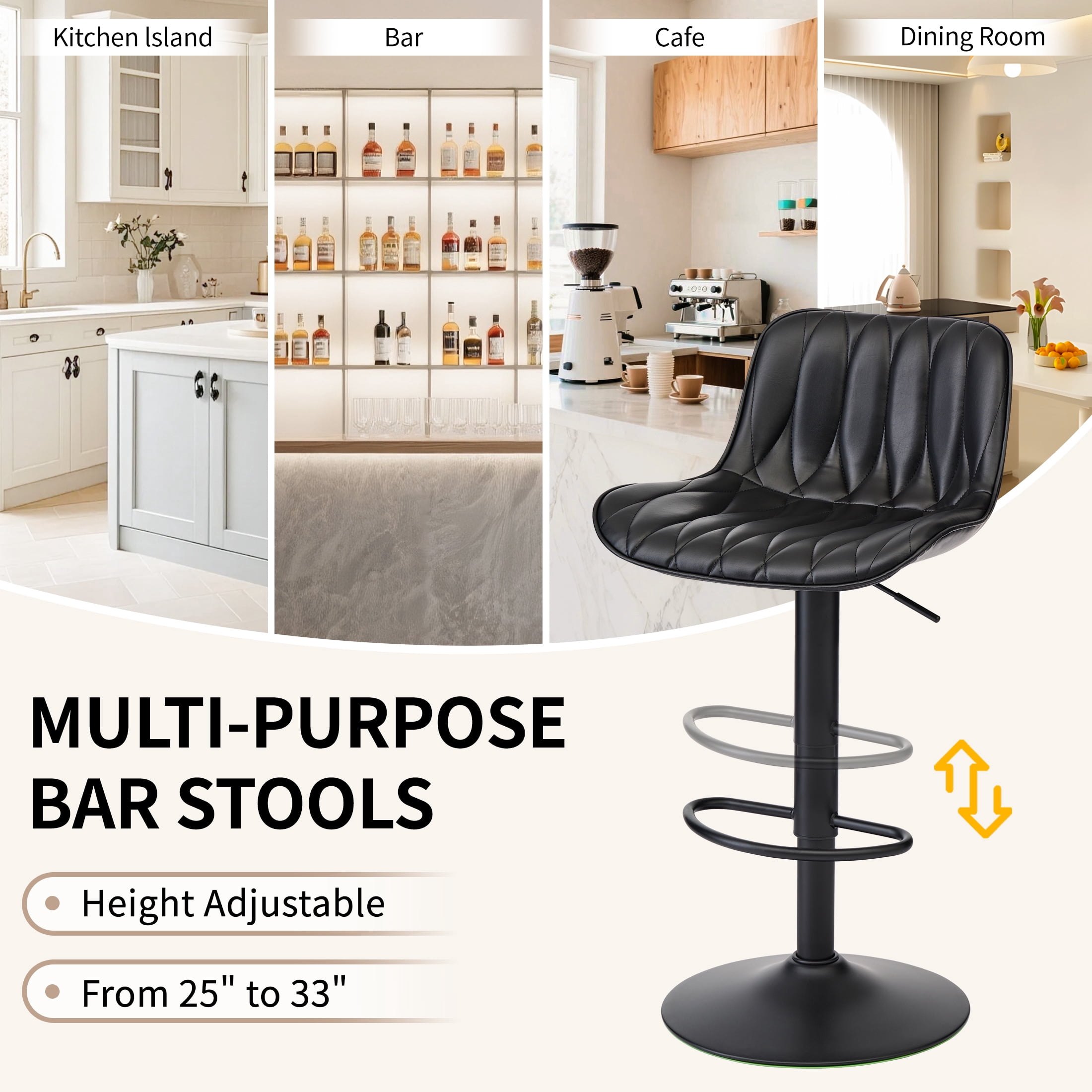FIRAVOE Swivel Bar Stools Set of 3 (Adjustable Height 25"-33") Counter Height Bar Stools with Back, Modern Faux Leather Black Barstools for Kitchen Island