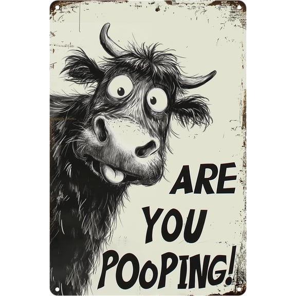 Funny Highland Cow Tin Sign "Are You Pooping?" Home Bathroom Wall Decor – 8x6 Inch Vintage Sign Metal Wall Décor, Humorous Bathroom & Farmhouse Rustic Wall Art for Indoor & Outdoor Use