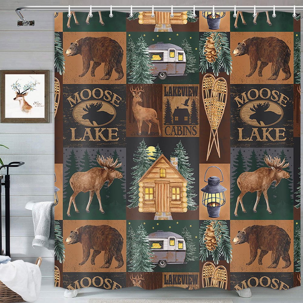Rustic Lodge Shower Curtain Farmhouse Cabin Rv Forest Bathroom Vintage Style Country Bear Moose Wild Animals Camper Fabric Set With Hooks 72x72 Com