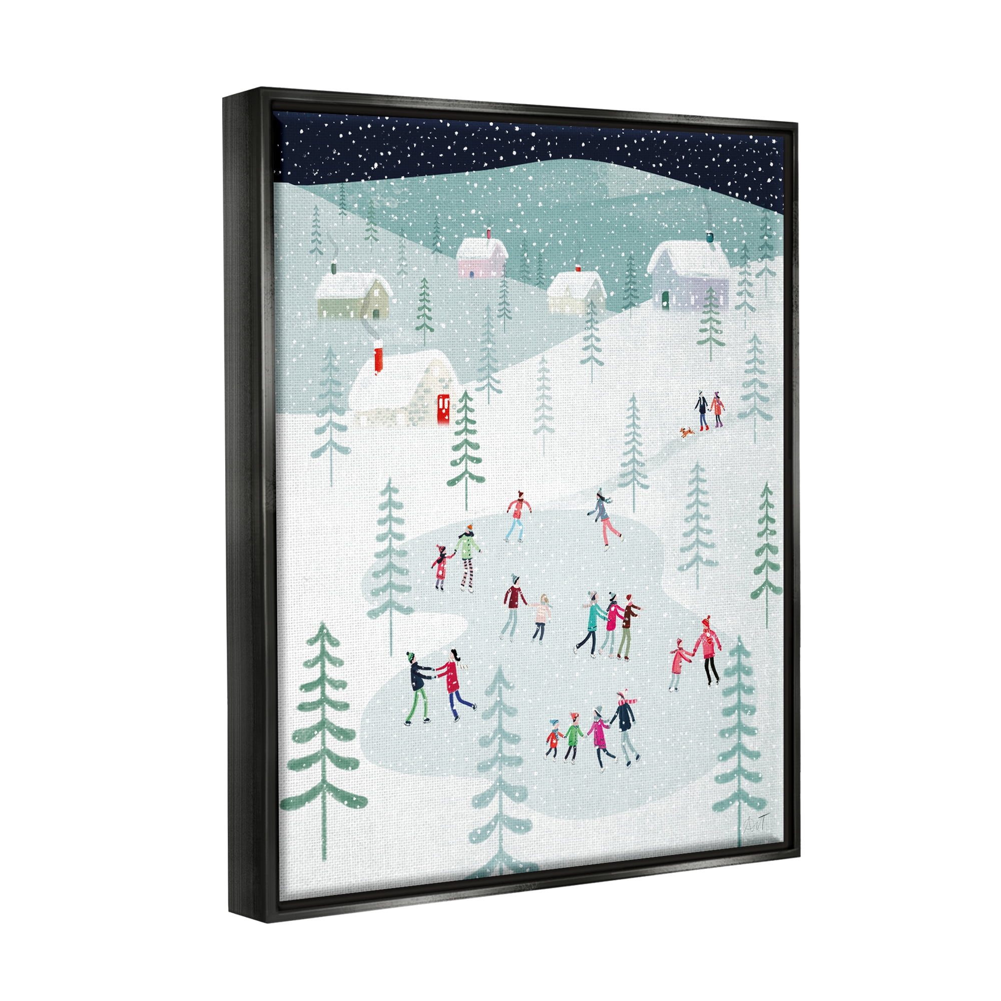 Stupell Industries Ice Skating Families Snowfall Holiday Painting Black Floater Framed Art Print Wall Art