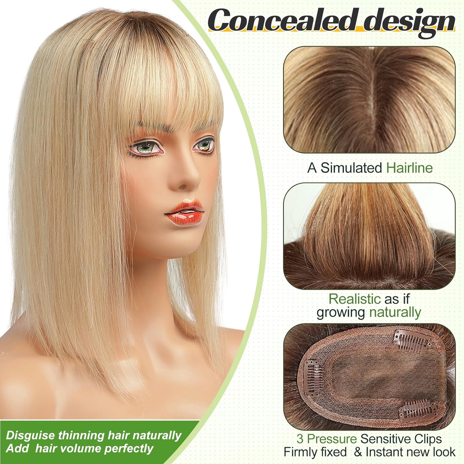 Hair Toppers for Women, Real Human Hair 130% Density, Hair Loss Cover No Bangs, Hair Extensions for Thinning Hair, Silk Base Three Clips in Topper, Ombre Light Blonde(10inch)