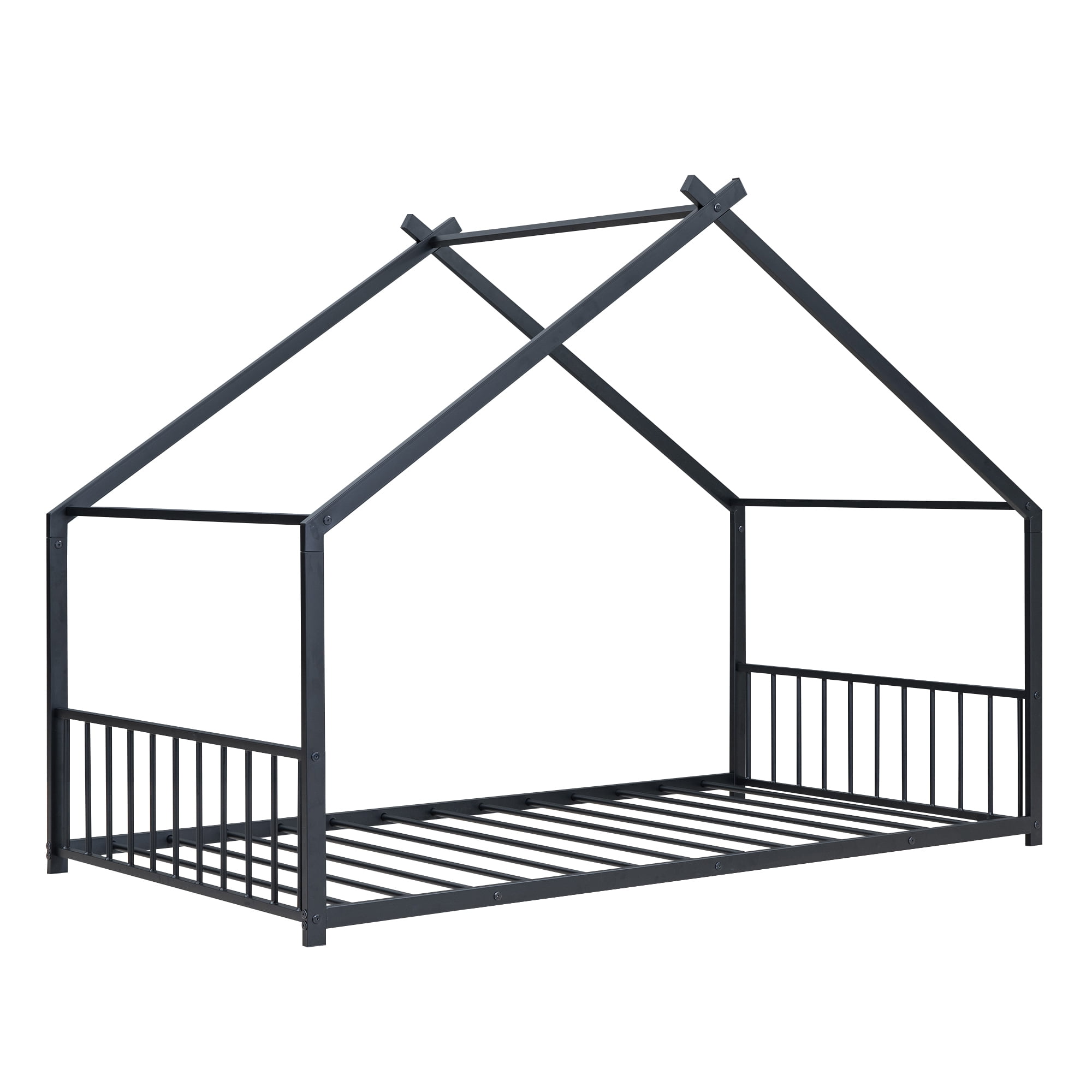 Bellemave Twin Metal House Bed with Headboard and Footboard Montessori House Bed, Metal Floor Bed Frame with Roof, No Box Spring Needed, Black
