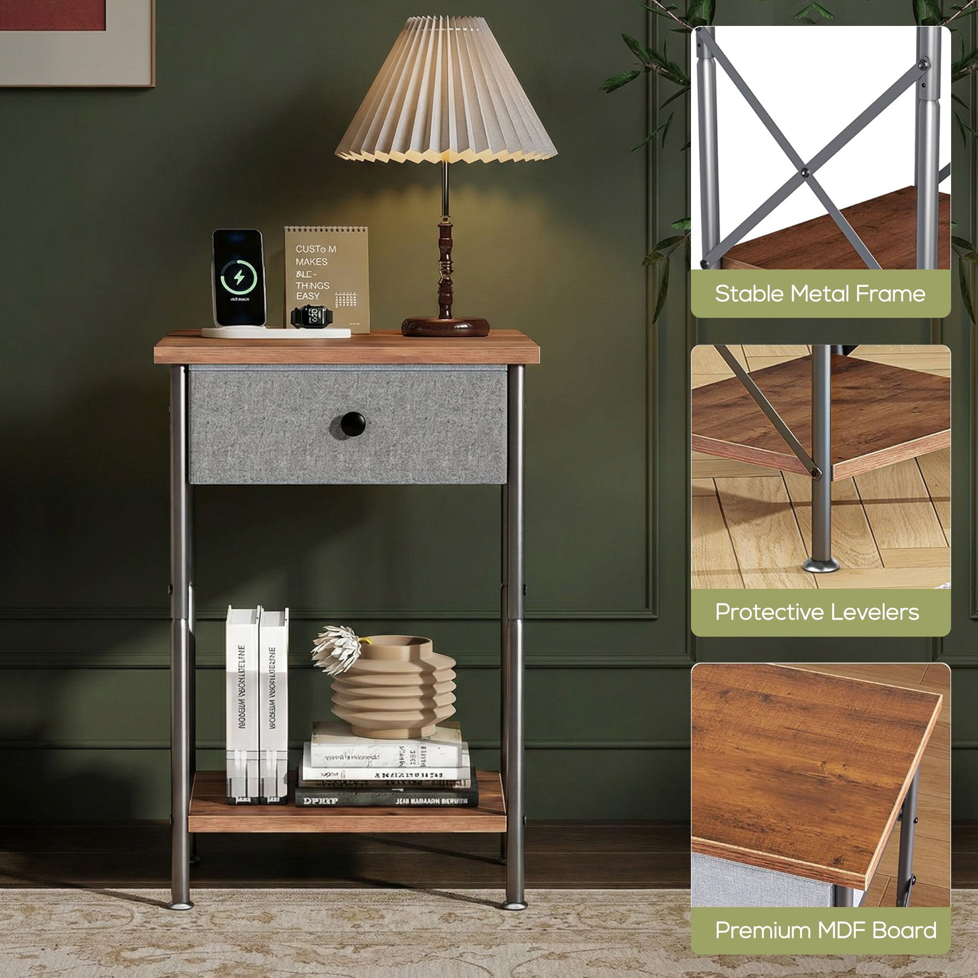VECELO Nightstands X-Design Side End Table with Detachable Drawer, Wooden Nightstands Storage Shelf for Living Room, Bedroom, Set of 2, Brown