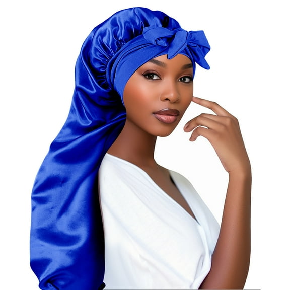 DODAMOUR Extra Long Satin Bonnet for Women, Adjustable Braid Bonnet with Tie Band, Double Layer Elastic Silk Bonnet for Braids Hair Sleeping Cap (Blue)