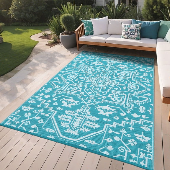 Waterproof Reversible Outdoor Door Mat Rug - Large 9x12ft Vintage Medallion, Lightweight Collapsible Carpet for Patio, Deck, Porch, Backyard, Balcony, Camping, UV Resistant - Grey