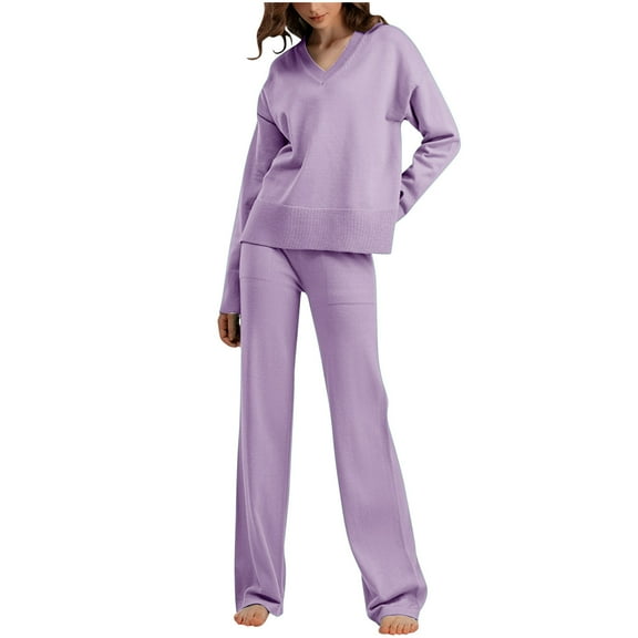 biudgviw Women's 2 Piece Outfits Casual V Neck Long Sleeve Pullover Tops Knit Wide Leg Sweater Lounge Set Sweatsuit