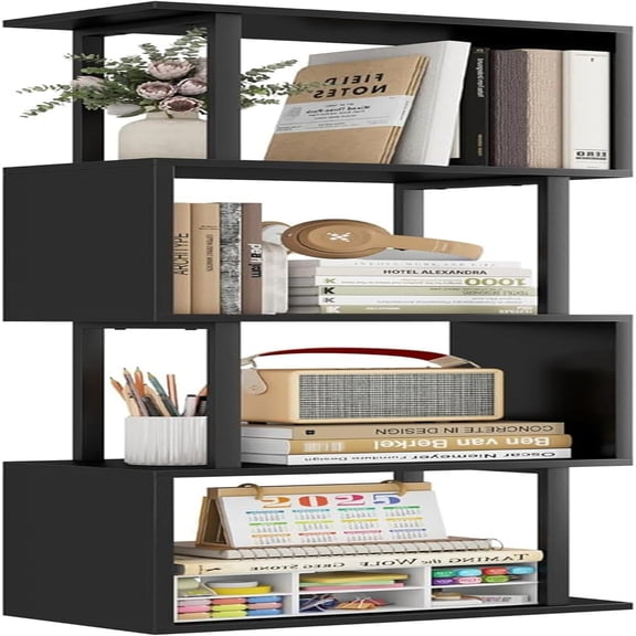 4-Tier Bookshelf, Narrow S-Shaped Geometric Bookcase, Wood Decorative Storage Shelving, Modern Freestanding Display Shelves, Book Shelf Unit for Living Room Bedroom Home Office, Black