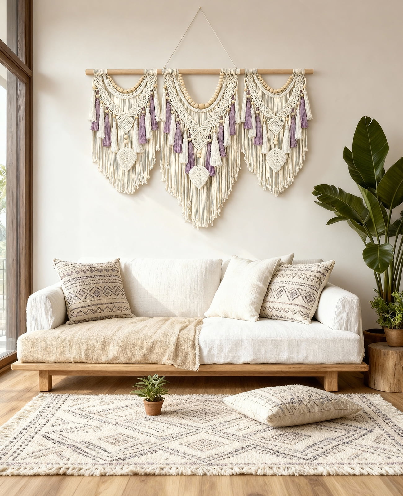 Klamerit Macrame Wall Hanging Decor, 43x32" Large Macrame Wall Hanging, Chic Boho Woven Tapestry Decoration , Leaf Bead