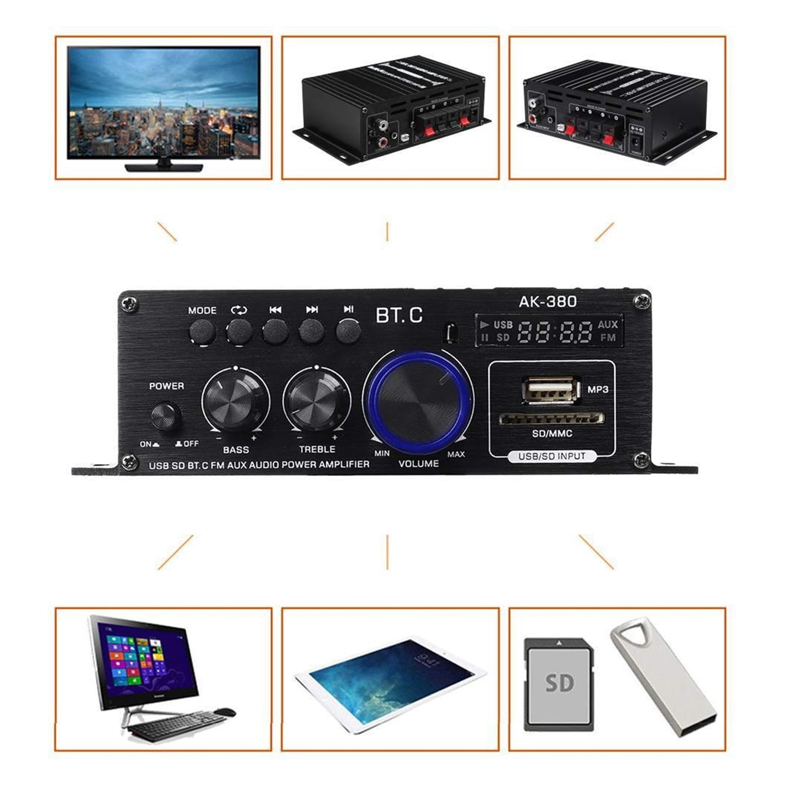 Ak380/AK170 800W Power Amplifier Home Theater Amplifier Car BASS 2 Channel bluetooth Amplifier Class D FM Radio USB/SD AUX ,Wide Application