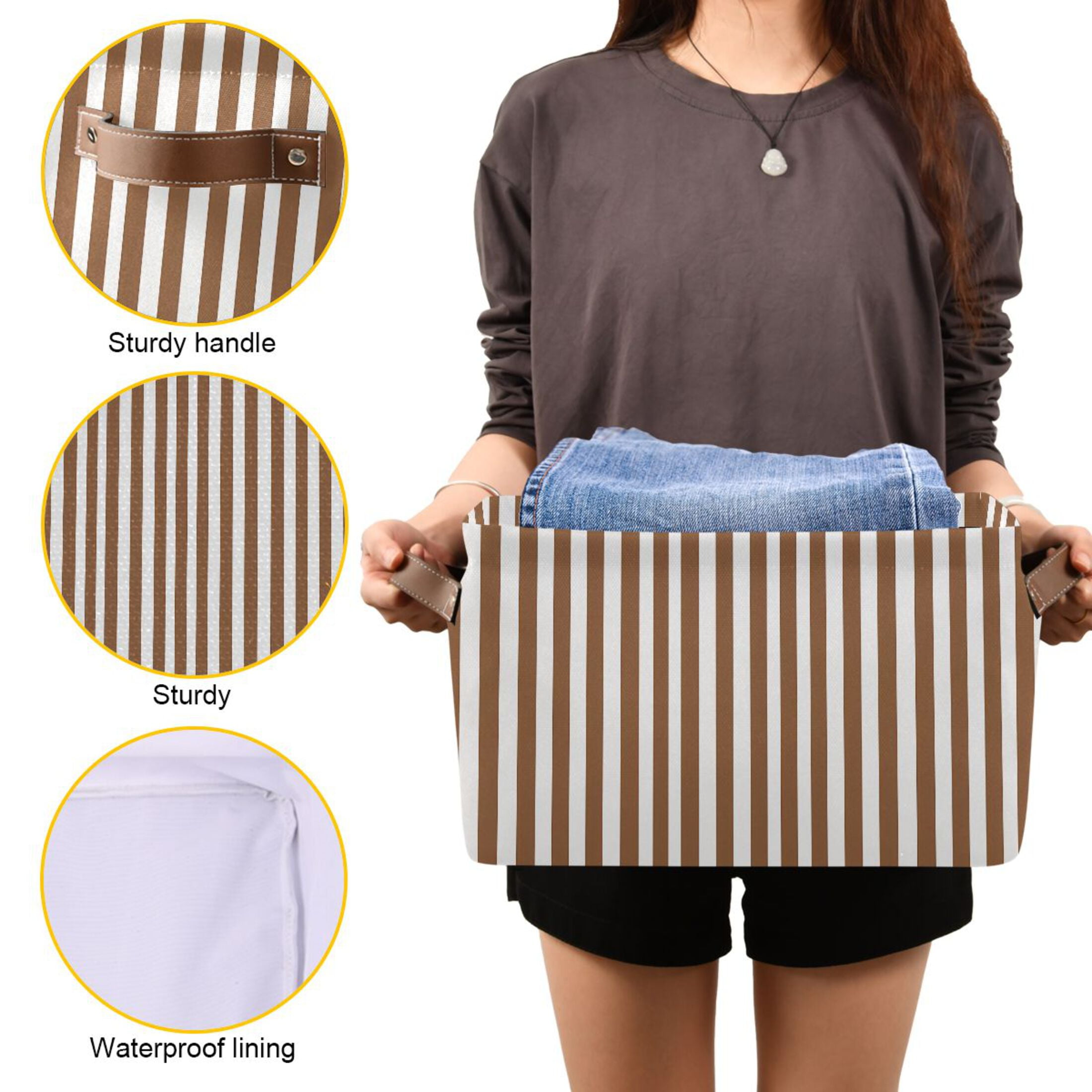 2 Pack Storage Bins with Handle Fabric Organizer Basket Foldable Box Brown and White Striped 14.2x10.2x8.3