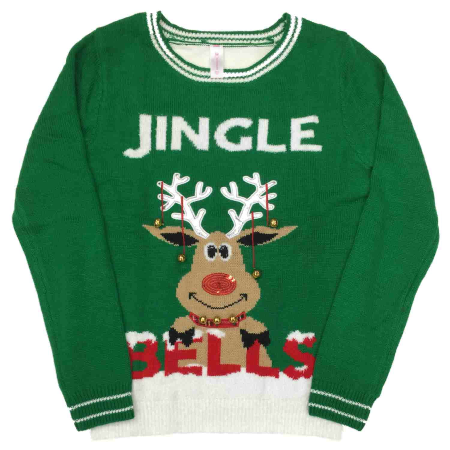 Holiday Junior Womens Jingle Bells Christmas Sweater Sequin Reindeer Holiday Pullover, Green
