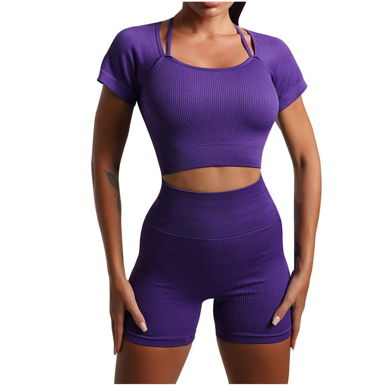 Workout Outfits for Women 2 Piece Seamless Yoga Set Ribbed High Waist  Leggings Shorts with Sports Short Sleeve Tops Exercise Active Set