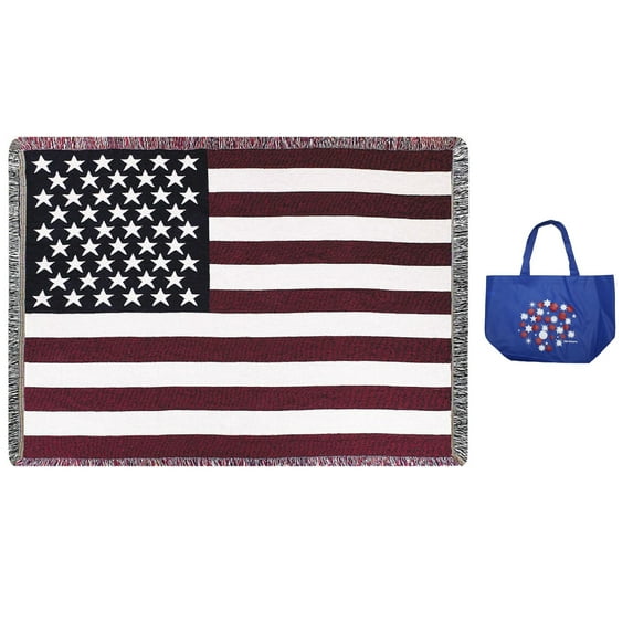 Stars & Stripes 50" x 60" Tapestry Throw Blanket & Reusable Tote/Gift Bag, Flag, Soldier, Sympathy, Memorial, Bereavement