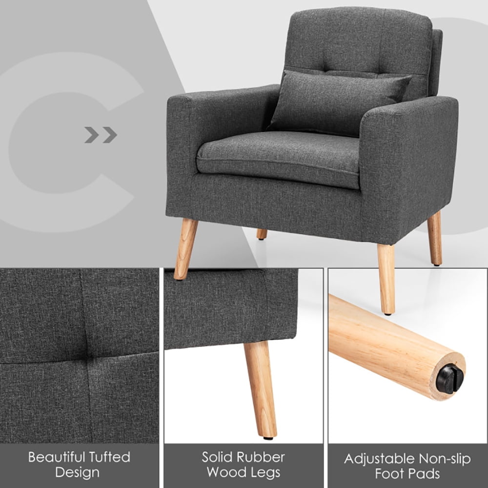 Finihen Upholstered Accent Chair, Modern Comfy Armchair Single Sofa, Linen Fabric Single Sofa Armchair with Waist Pillow, for Living Room, Bedroom, Gray