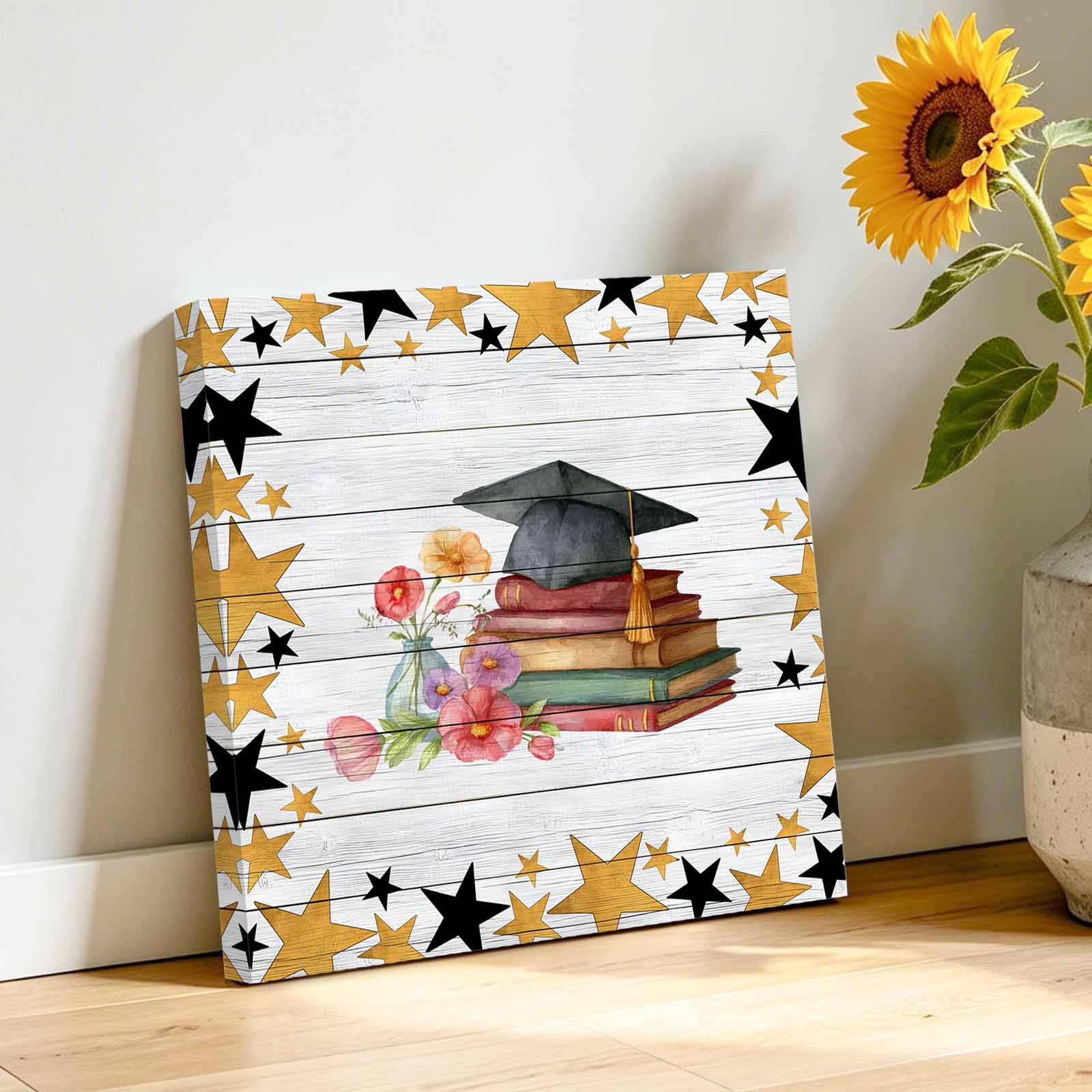 Graduation Cap Canvas Wall Art for Living Room, Watercolor Red Flower Gold Star Vintage Book Wood Striped Poster Print Painting for Bedroom Office Home Decor Wall Pictures Prepare To Hang 16"x16"