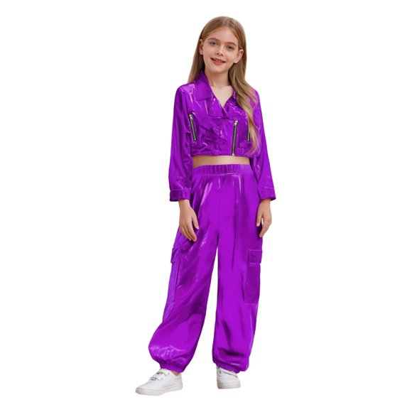 Raenseen Girls Lyrical Hip Hop Jazz Metallic Dance Outfits Costume Long Sleeve Crop Top Disco Party Jacket with Cargo Pants Purple 10