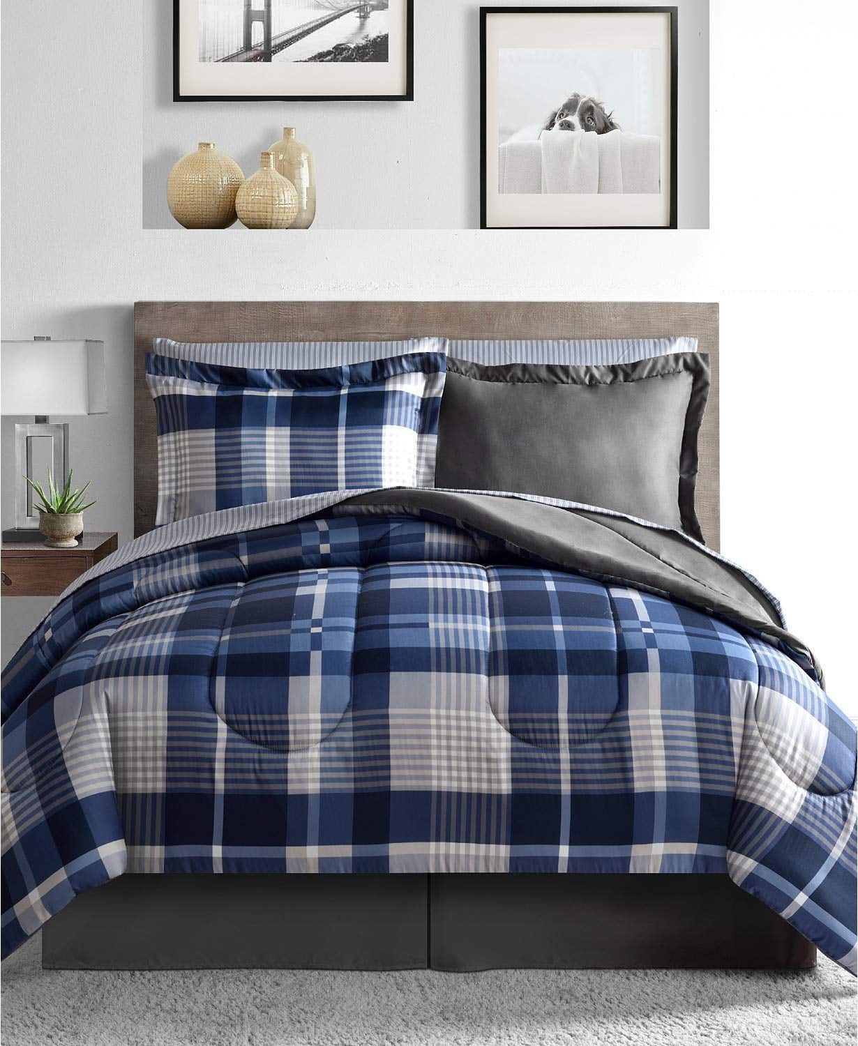Navy Blue Gray and White Childrens Teen 3 Piece Full/Queen Boys Stripe Bedding Set Collection