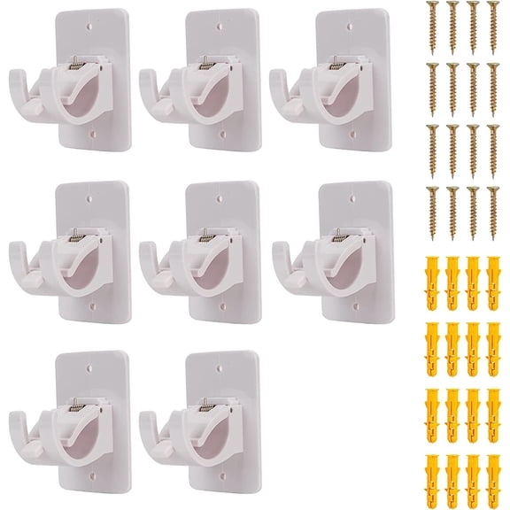 8PCS White Curtain Pole BrackeNo Drill Curtain Rod Brackets Self Adhesive Curtain Rod Hooks Curtain Hangers for Poles Less Than 40mm in Diameter Pole with Screws (Curtain Rod Not Included)