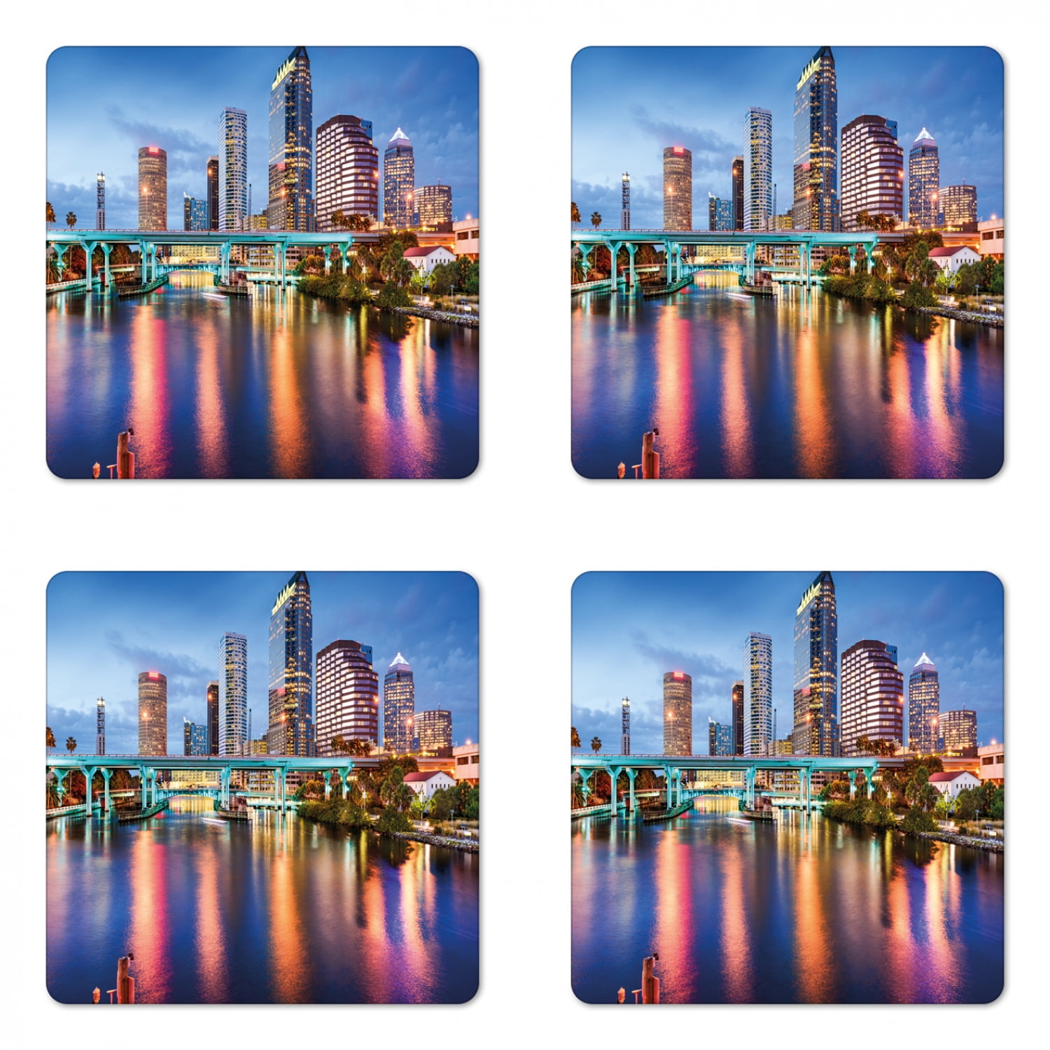 City Coaster Set of 4, Hillsborough River Tampa Florida USA Downtown Idyllic Evening at Business