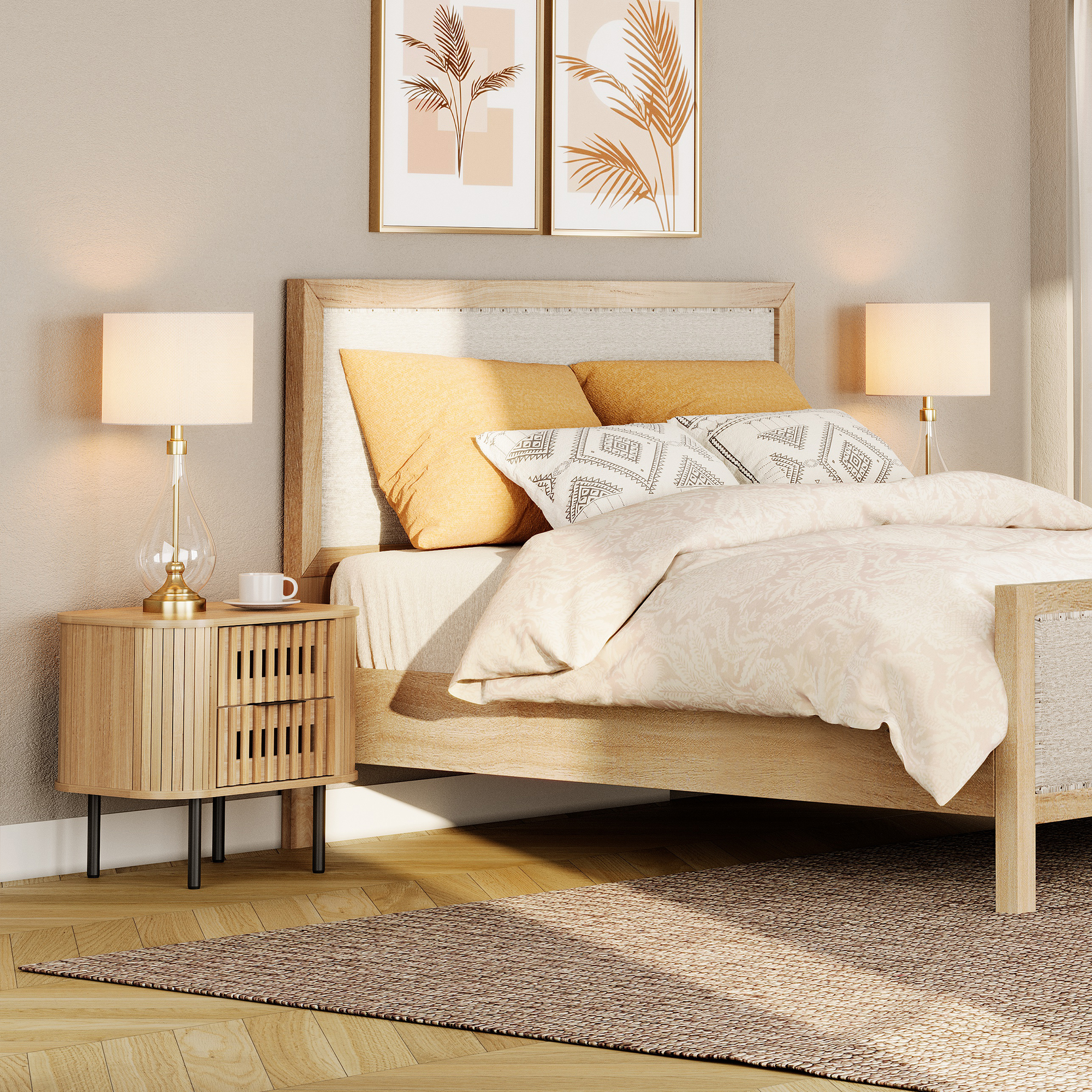 WAMPAT Set of 2 Fluted End Table with Storage, Modern Storage Nightstand with 2 Drawers for Living Room & Bedroom, Wooden Side Table, Oak