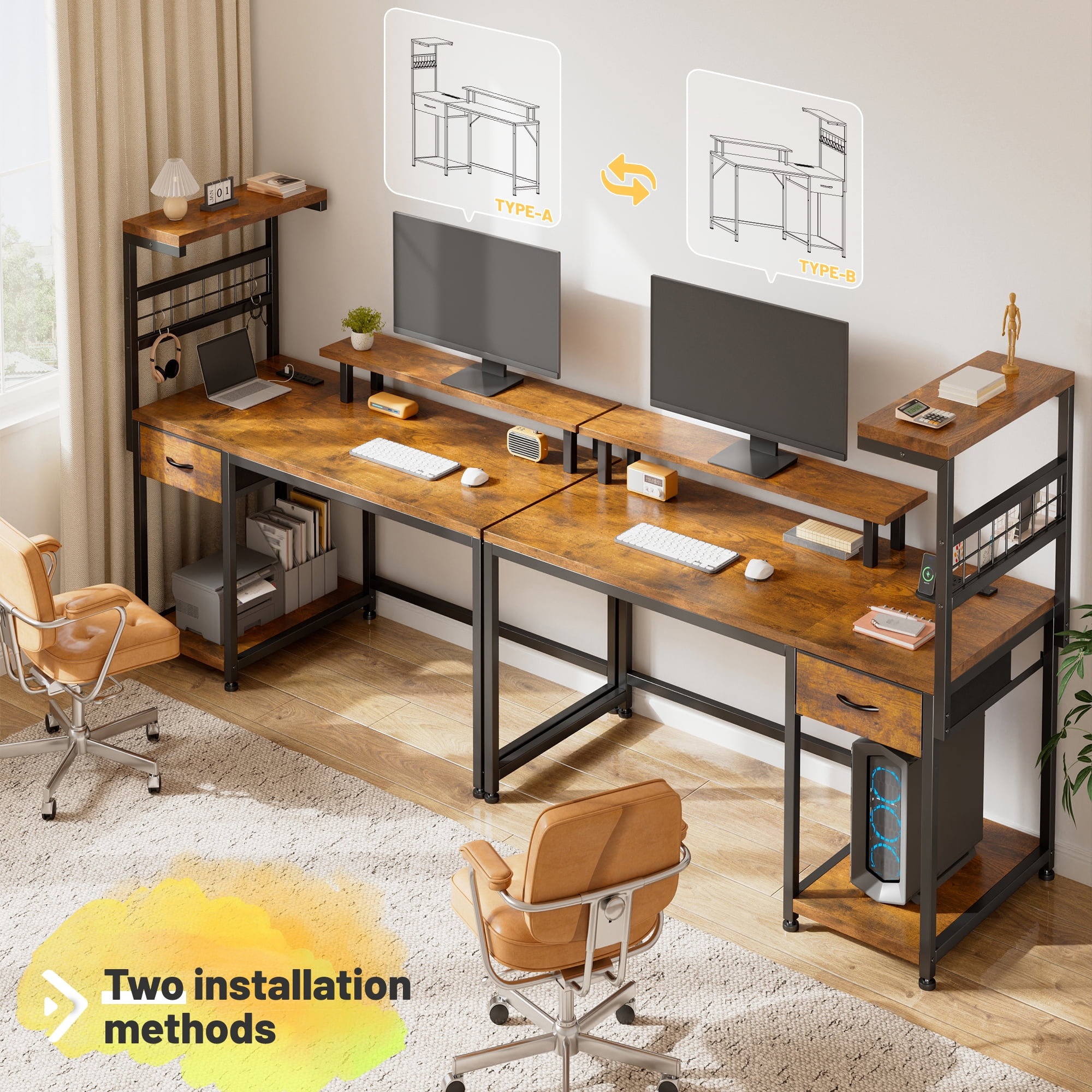 EnHomee 39.4" W Computer Desk with Power Outlets and LED Lights, Rustic Brown Gaming Desk with Drawers, Home Office Desk with Monitor Stand