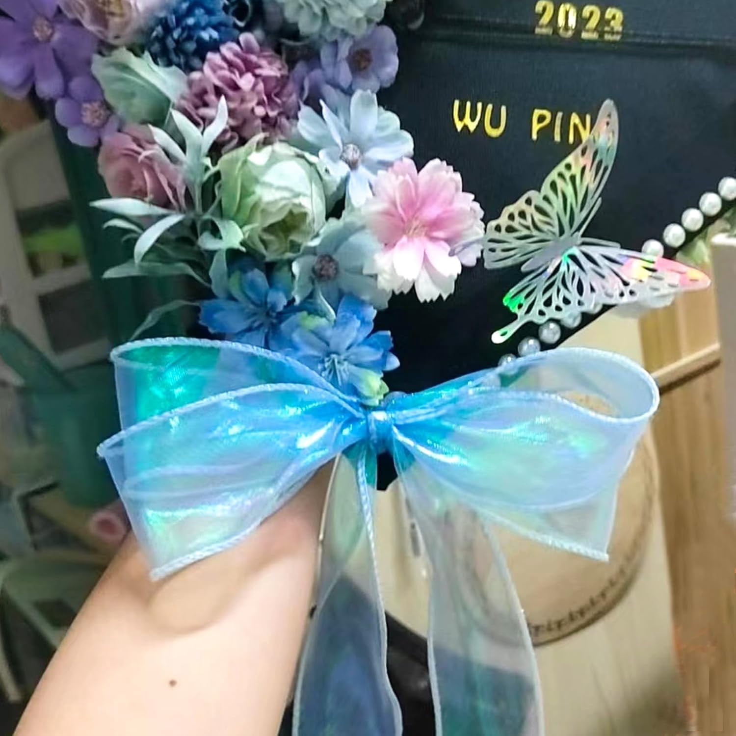 2 Rolls Laser Blue Organza Ribbon 1-1/2 Inch Wide 10 Yards for Gift wrap Bow DIY Craft Bouquet Wreath Baking Baby Shower Wedding Parties Valentine Christmas Tree Decoration