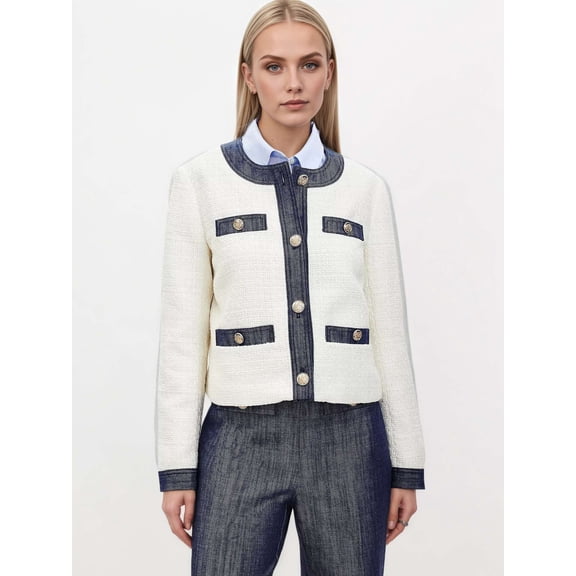Tweed Jacket with Gold Button Details (S, White)
