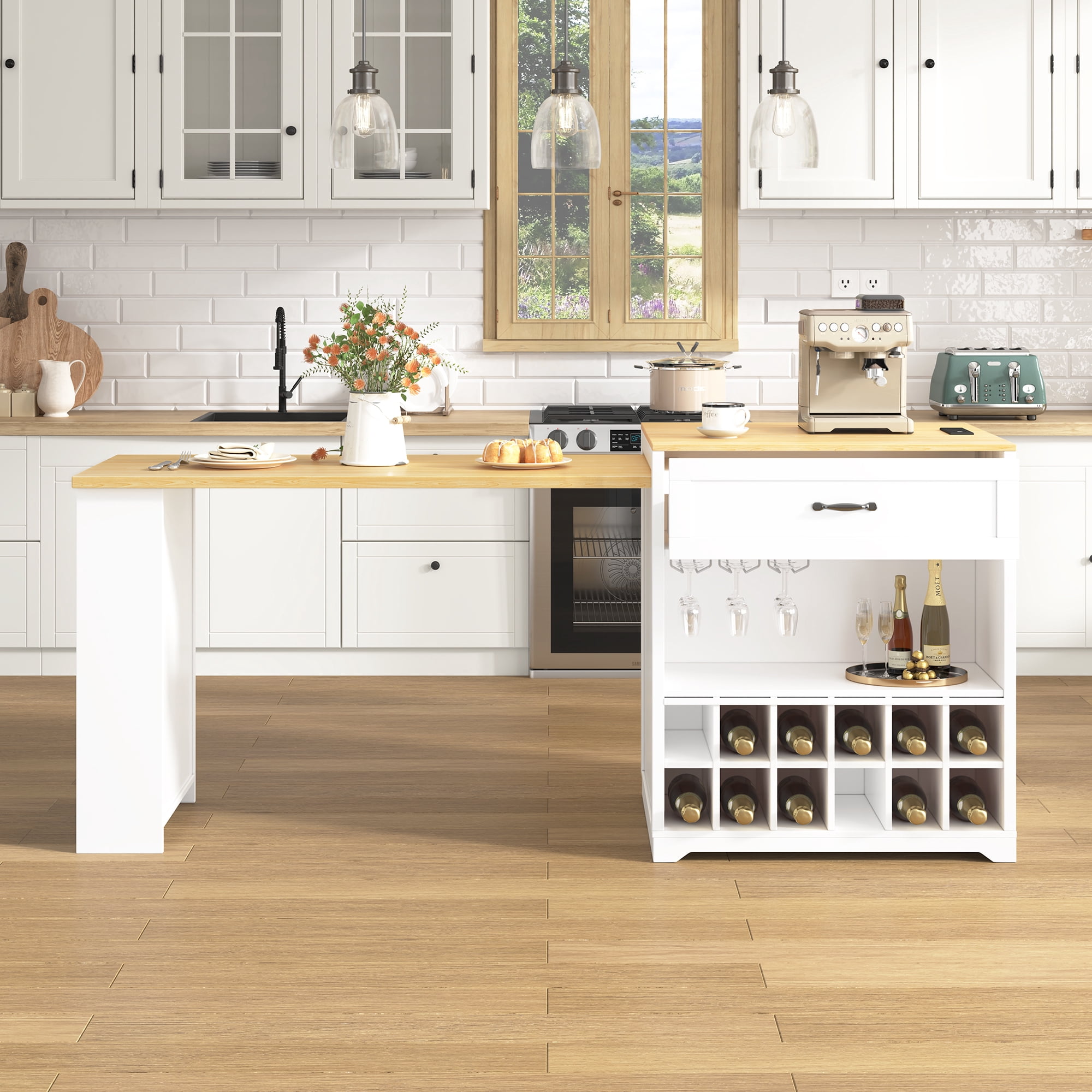 Noble House Extendable Counter Table with Wheels & Power Outlet,White+Natural