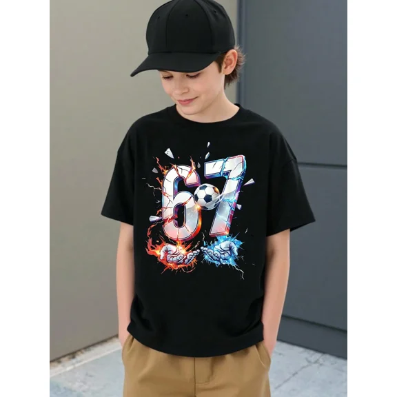 Boys Soccer Graphic T-Shirt Number 67 Fire and Ice Sports Short Sleeve Tee