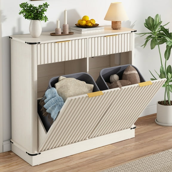 Blotout 20 Gallon Double Tilt-Out Trash Cabinet,Fluted Laundry Hamper Cabinet with 2 Drawers & Charging Station,Hidden Wooden Garbage Can Cabinet for Kitchen & Living Room