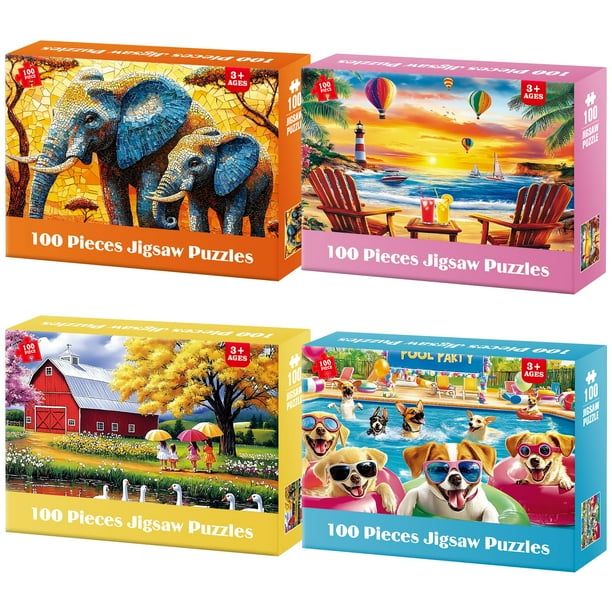 Juego de rompecabezas Ciavotie para niños, 4 x 100 unidades, elefantes de granja, perros de playa