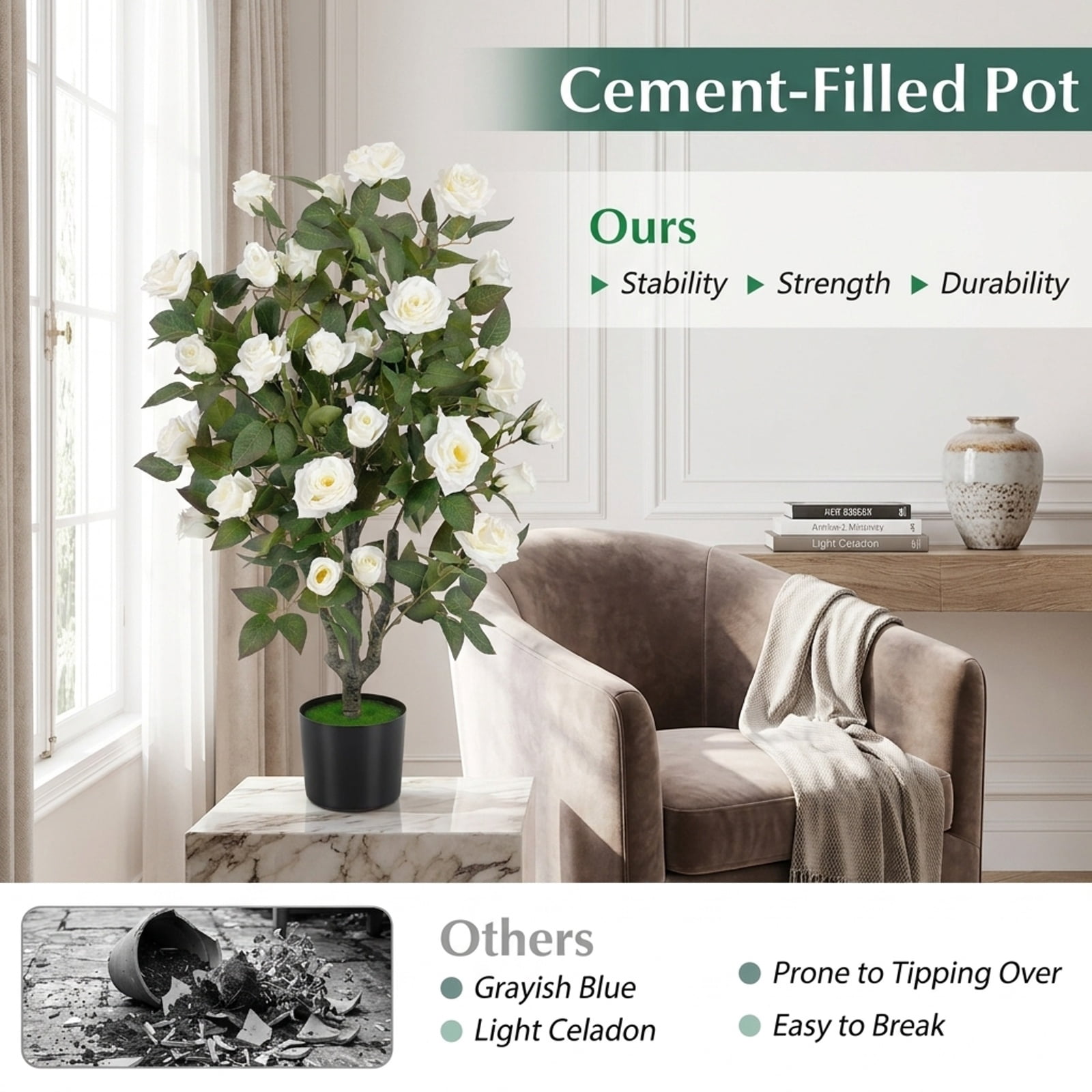 Vebreda Artificial Plant Decor, Set of 2 Artificial Rose Tree with Blooming Flowers and Green Leaves for Indoor, Beautiful & Lifelike Rose Tree