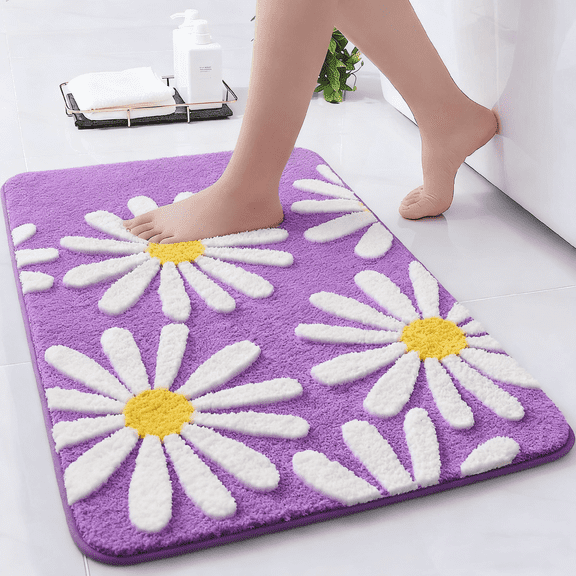 Evlmd Bathroom Rugs Non Slip Washable, Purple Large Bath Mats for Bathroom Floor, Soft Cute Daisy, Shaggy Soft and Absorbent, Thick Plush Shower Bath Rug Runner Decor, 20" X 32"