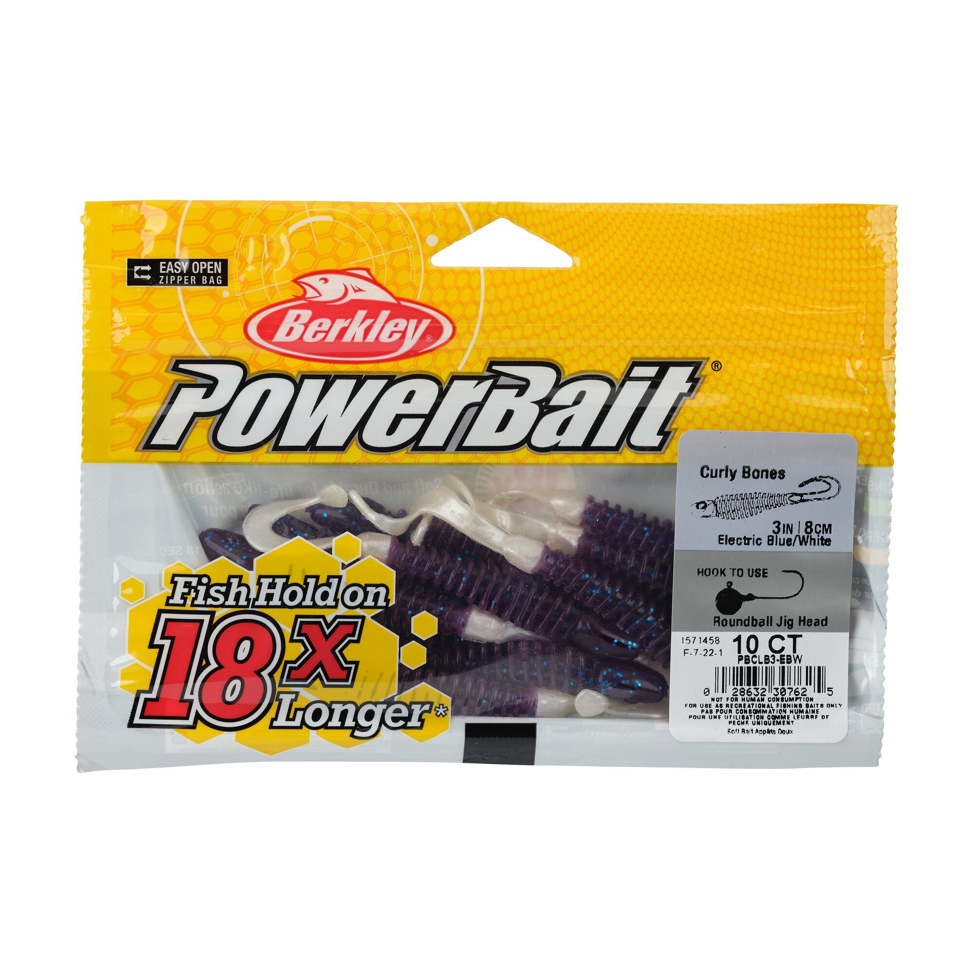 Berkley PowerBait® Curly Bones, 3 in, Swimbaits, Electric Blue/White (10-count)