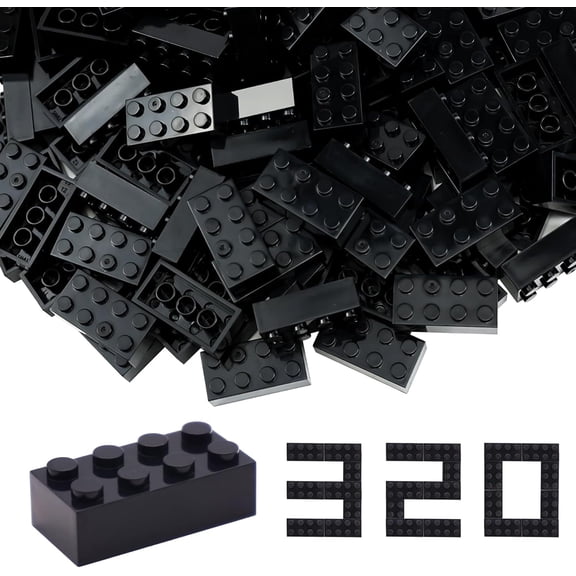Building Bricks 2x4 Stud 320 Pcs, Black, Classic Building Blocks Set, Compatible with Construction Building Blocks (S082).