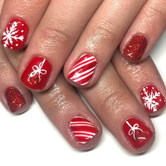 Yoyauz 24 PCS Christmas Fake Nails Shining Red and White Snowflake Bow Design Short Fake Nails, Christmas Holiday Red and White Nails Used for DIY Nail Decoration in Winter