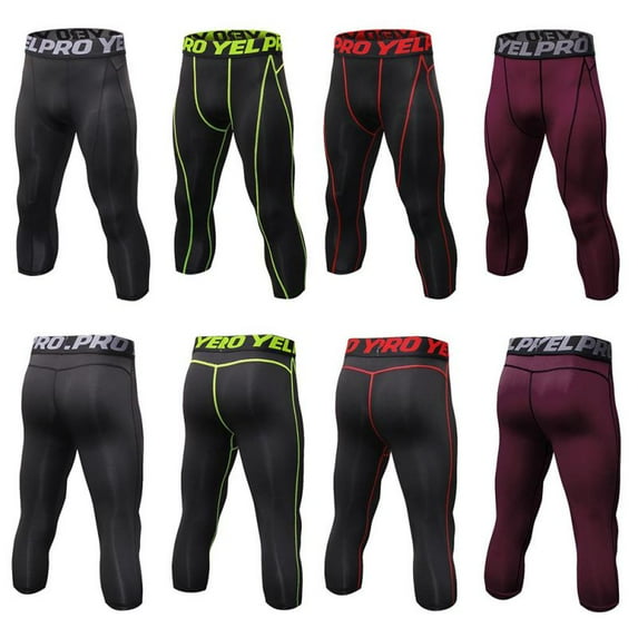 Men's 3/4 Compression Pants Leggings Tights, Cool Dry Sport Workout HeatGear Capri Base Layer Running Cycling
