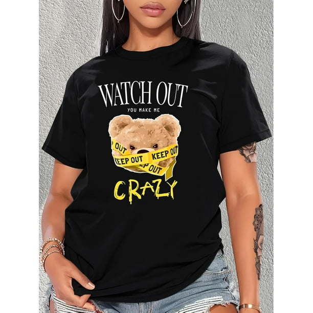 Women's Casual Fashion T-Shirt with Colorful Ribbon Bear Print, Round Neck, Short Sleeve, Polyester - Machine Washable
