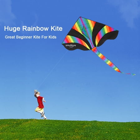 - Ametoys Huge Rainbow Kite with 50m Line Delta Kite Easy to Assemble Great Beginner Kite for Kids Outdoor Games and Activities