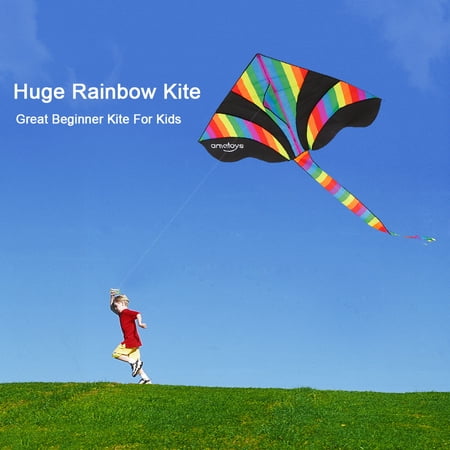 Ametoys Huge Rainbow Kite with 50m Line Delta Kite Easy to Assemble Great Beginner Kite for Kids Outdoor Games and