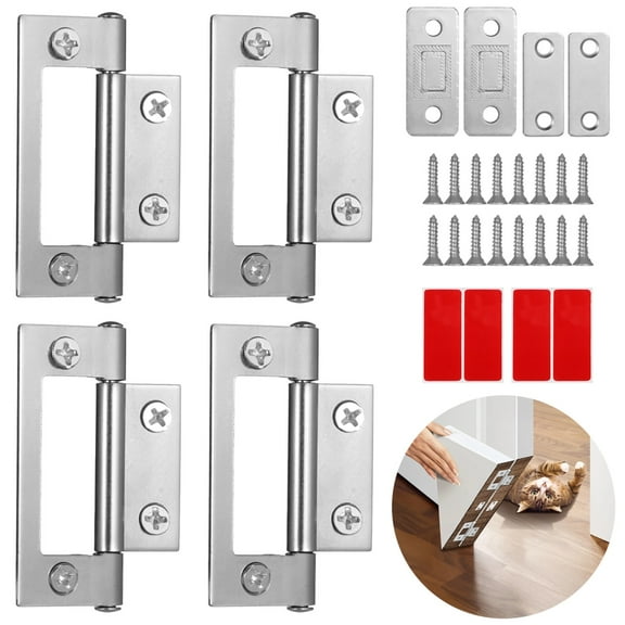 4 Pcs Cat Door Silent Hinges with 4 Stoppers,Stainless Steel Pet Door Hardware Kit,Space Saving, Easy to Install for Indoor Kitty Doors