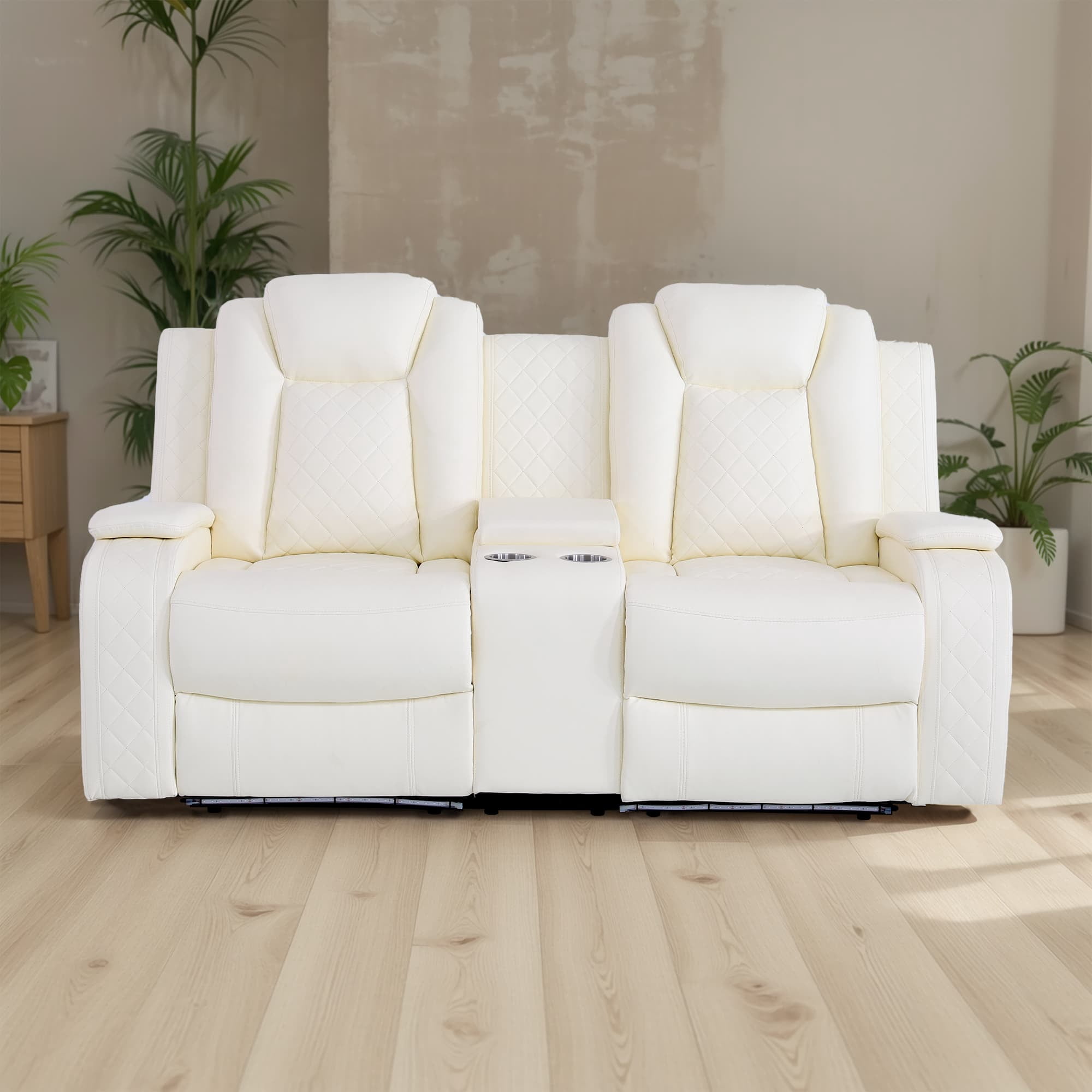 MAYEERTY Power Reclining Loveseat, Electric 2-Seat Leather Recliner with USB Charging, Storage & Cup Holders for Living Room, White
